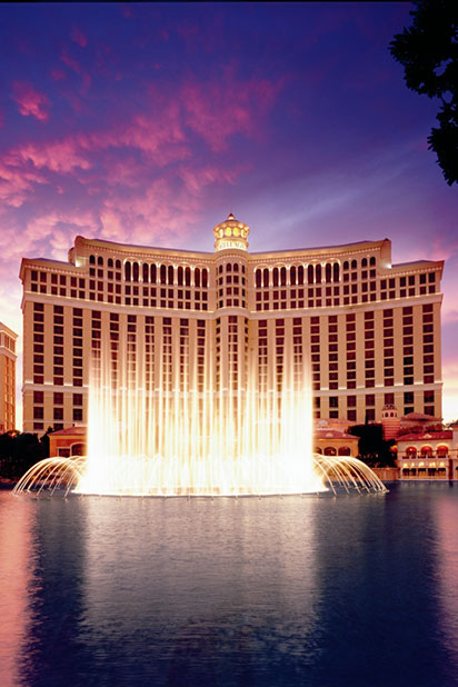 Front view of the Bellagio tower designed by Culp and Tanner with a sunset in the background